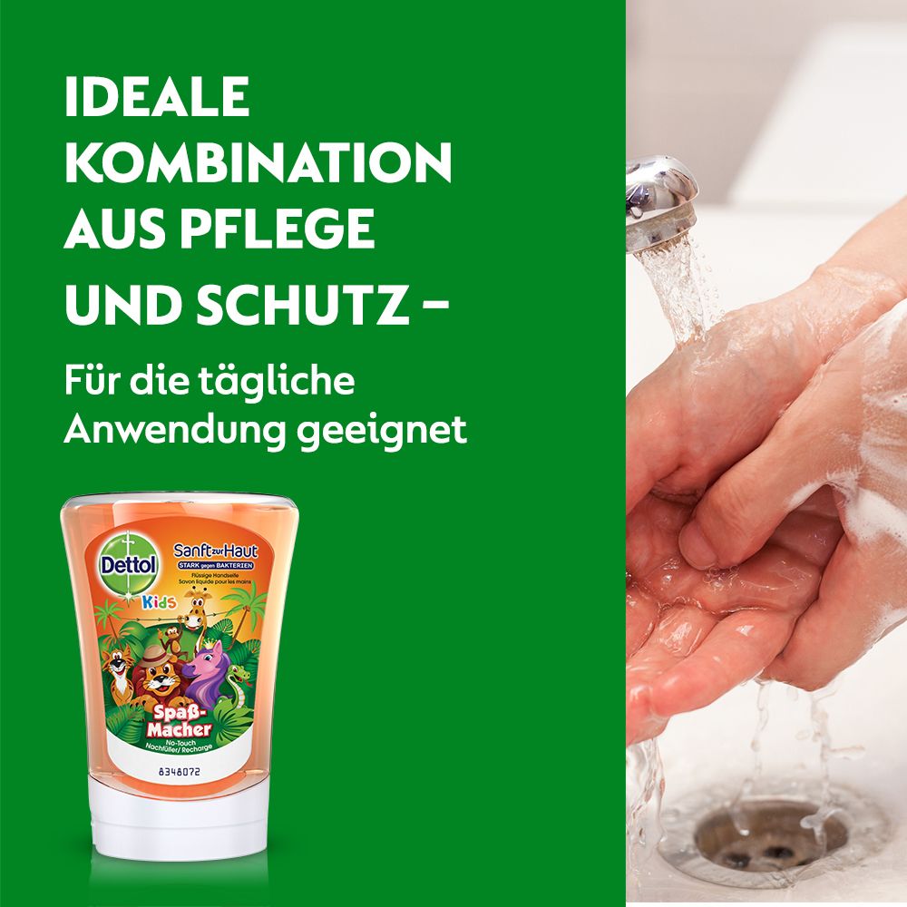 Hände unter fließendem Wasser. Dettol Kids Seife. Text: Ideale Kombination aus Pflege und Schutz. Für die tägliche Anwendung.