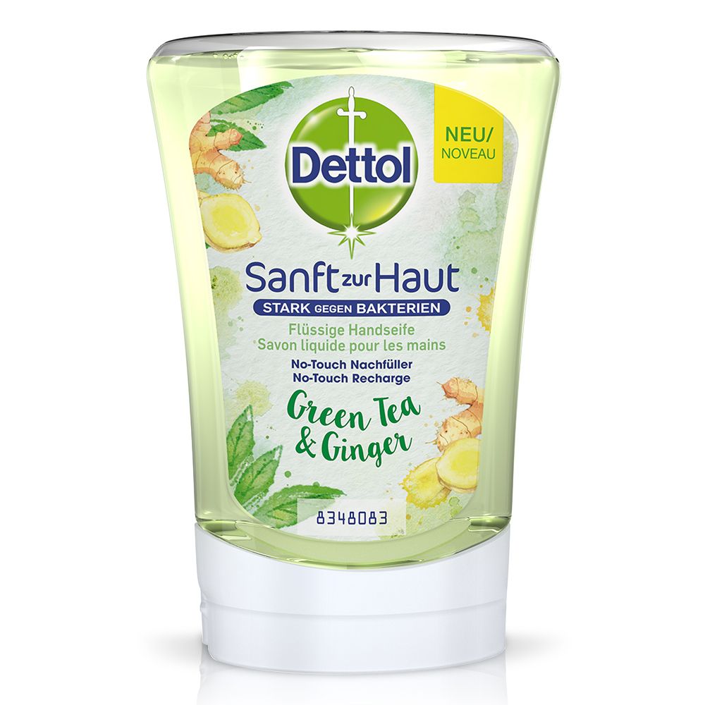 Flüssige Handseife Grüner Tee & Ingwer Nachfüller. Transparentes Gehäuse mit weißem Boden. Dettol-Logo und Produktinformationen.