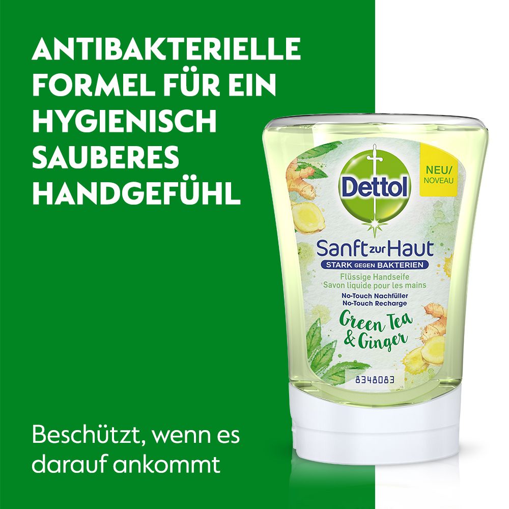 Antibakterielle Formel für hygienisch sauberes Handgefühl. Produktflasche im Hintergrund. Text auf grünem Hintergrund.