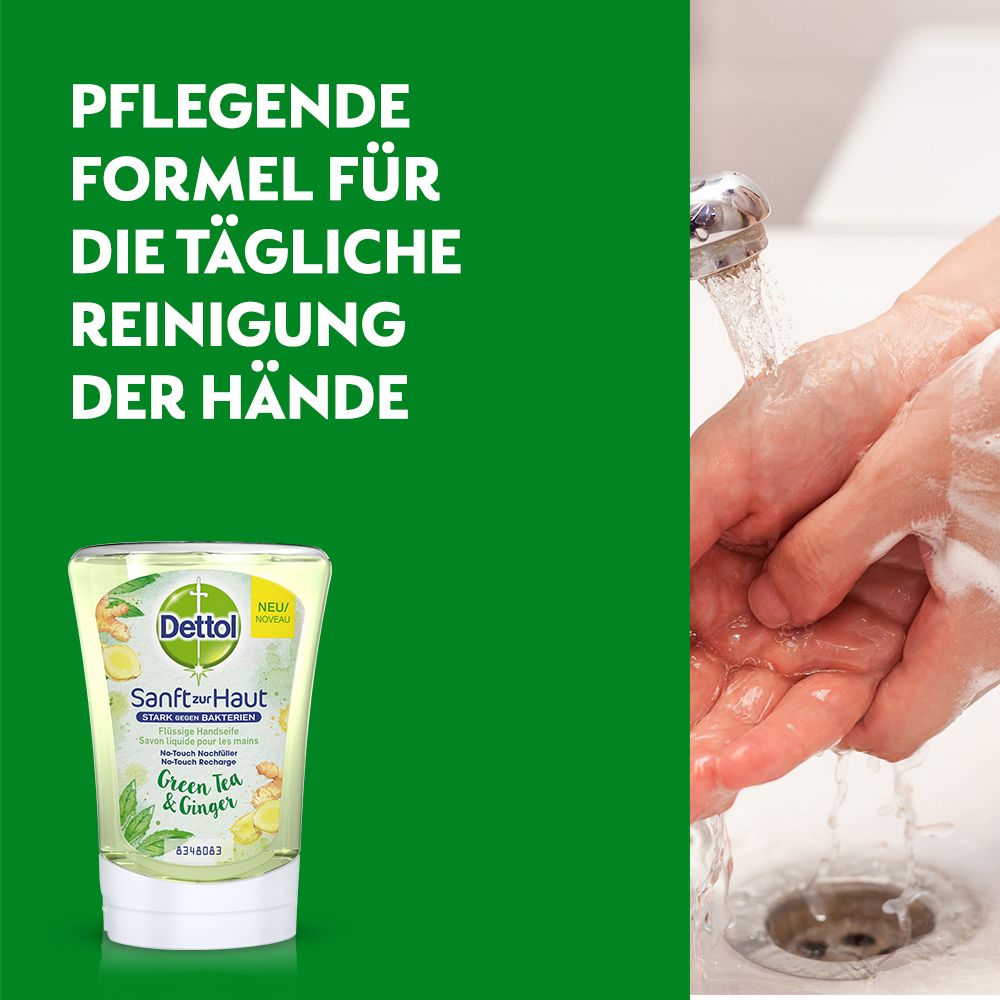 Hände unter fließendem Wasser. Im Hintergrund die Handseife. Text über tägliche Reinigung der Hände.