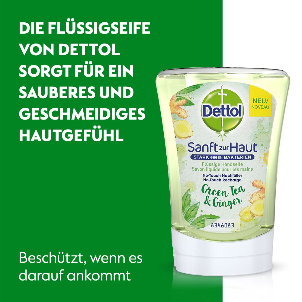 Die Flüssigseife von Dettol sorgt für ein sauberes und geschmeidiges Hautgefühl. Produktflasche im Hintergrund.