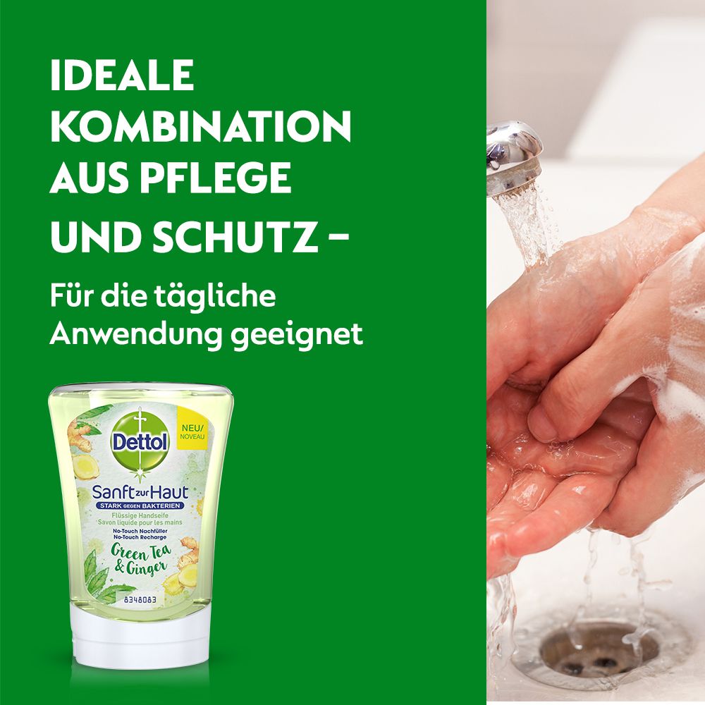 Hände unter fließendem Wasser. Handseife im Hintergrund. Text über Pflege und Schutz für die tägliche Anwendung.