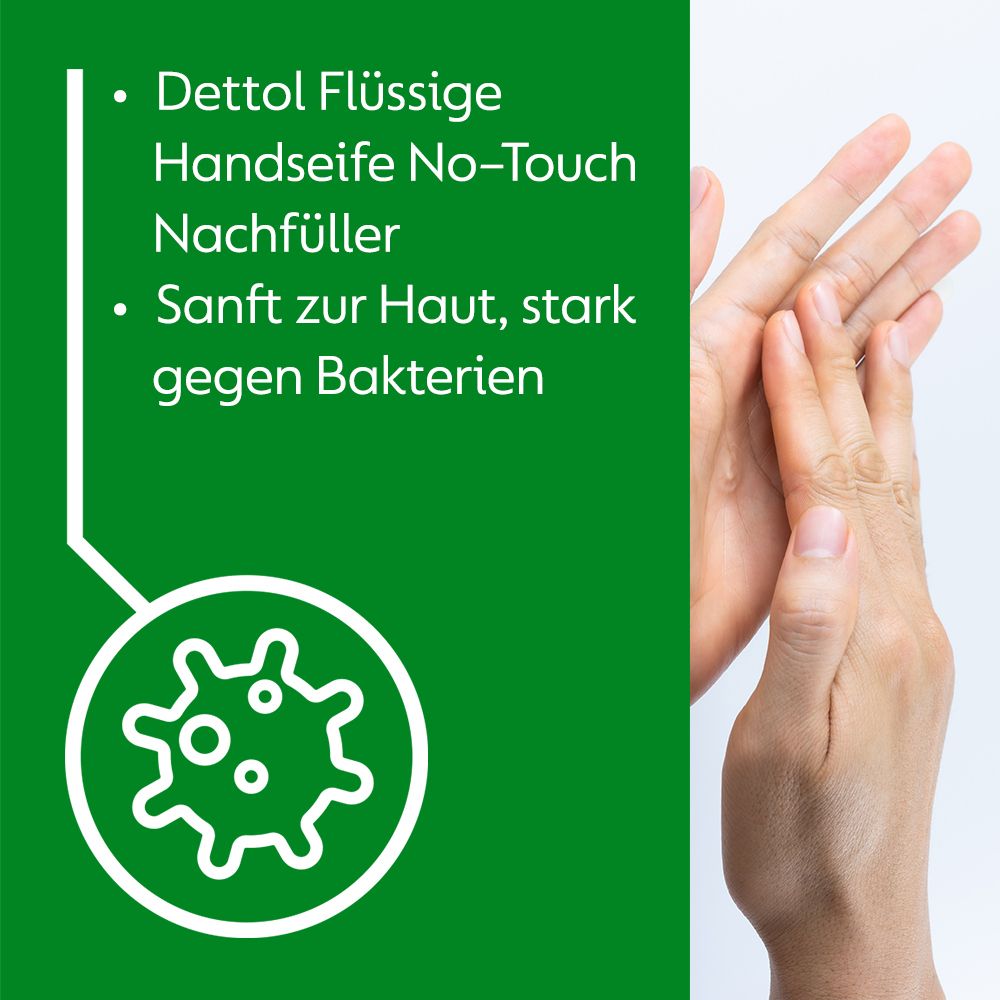 Dettol Flüssige Handseife No-Touch Nachfüller. Sanft zur Haut, stark gegen Bakterien. Illustration einer Bakterie.