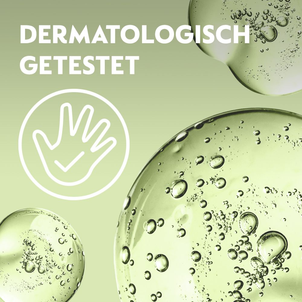 Dermatologisch getestet. Illustration von Seifenblasen und einer Hand mit einem Häkchen.