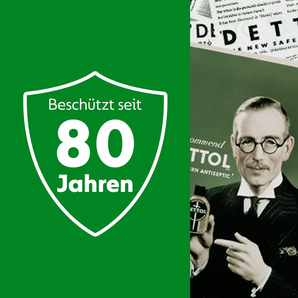 Schutz seit 80 Jahren. Logo mit Schild. Schwarz-weißes Bild eines Mannes mit Brille und einer Flasche Dettol.
