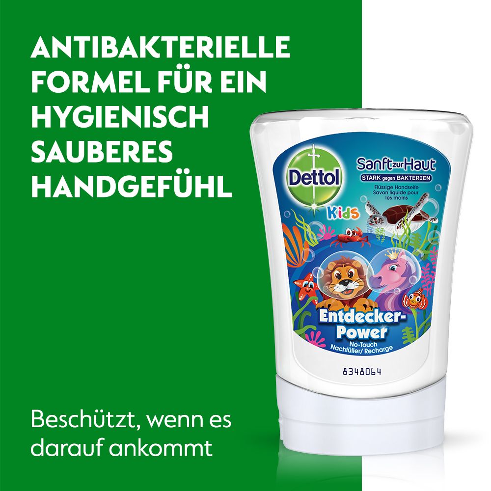 Werbebild mit Dettol No Touch Handseife. Text: Antibakterielle Formel für hygienisch sauberes Handgefühl. Grüner Hintergrund.