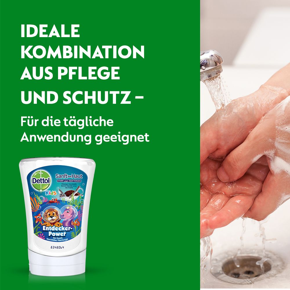 Werbebild mit Dettol No Touch Handseife und Händen unter fließendem Wasser. Text: Ideale Kombination aus Pflege und Schutz.