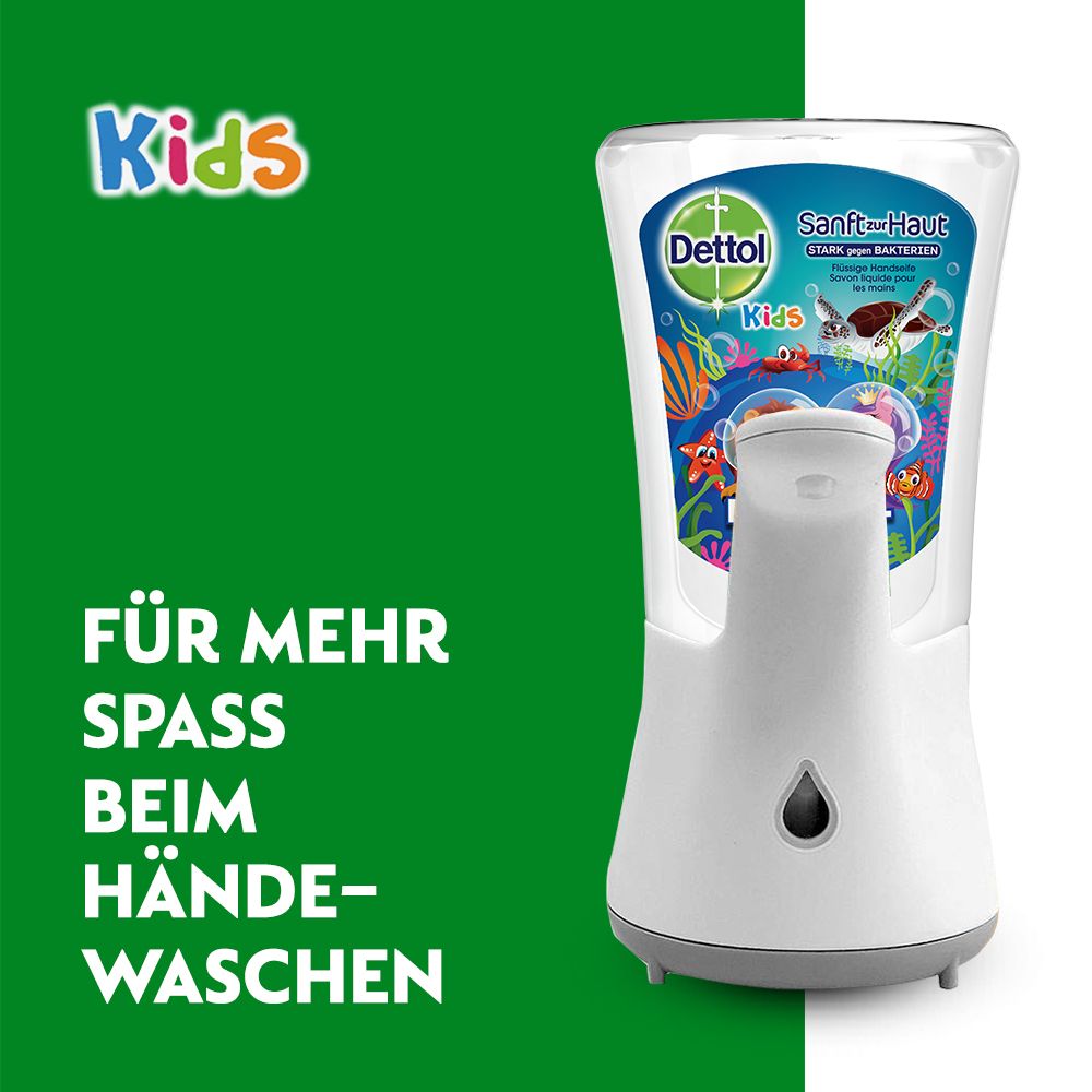 Dettol No Touch Handseifenspender mit Text: Für mehr Spaß beim Händewaschen. Grüner Hintergrund mit Kids Logo.