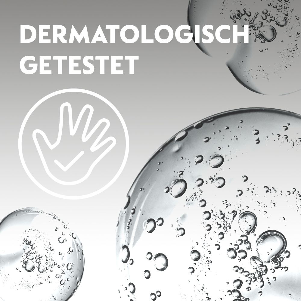 Text: Dermatologisch getestet. Abbildung von Händen. Hintergrund mit Wassertropfen.
