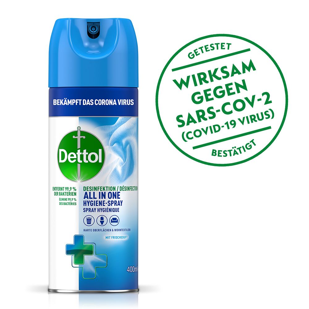 Dettol Desinfektion All-in-One Hygiene Spray. Blaue und weiße Sprühflasche mit grünem Logo. Wirksam gegen SARS-CoV-2.