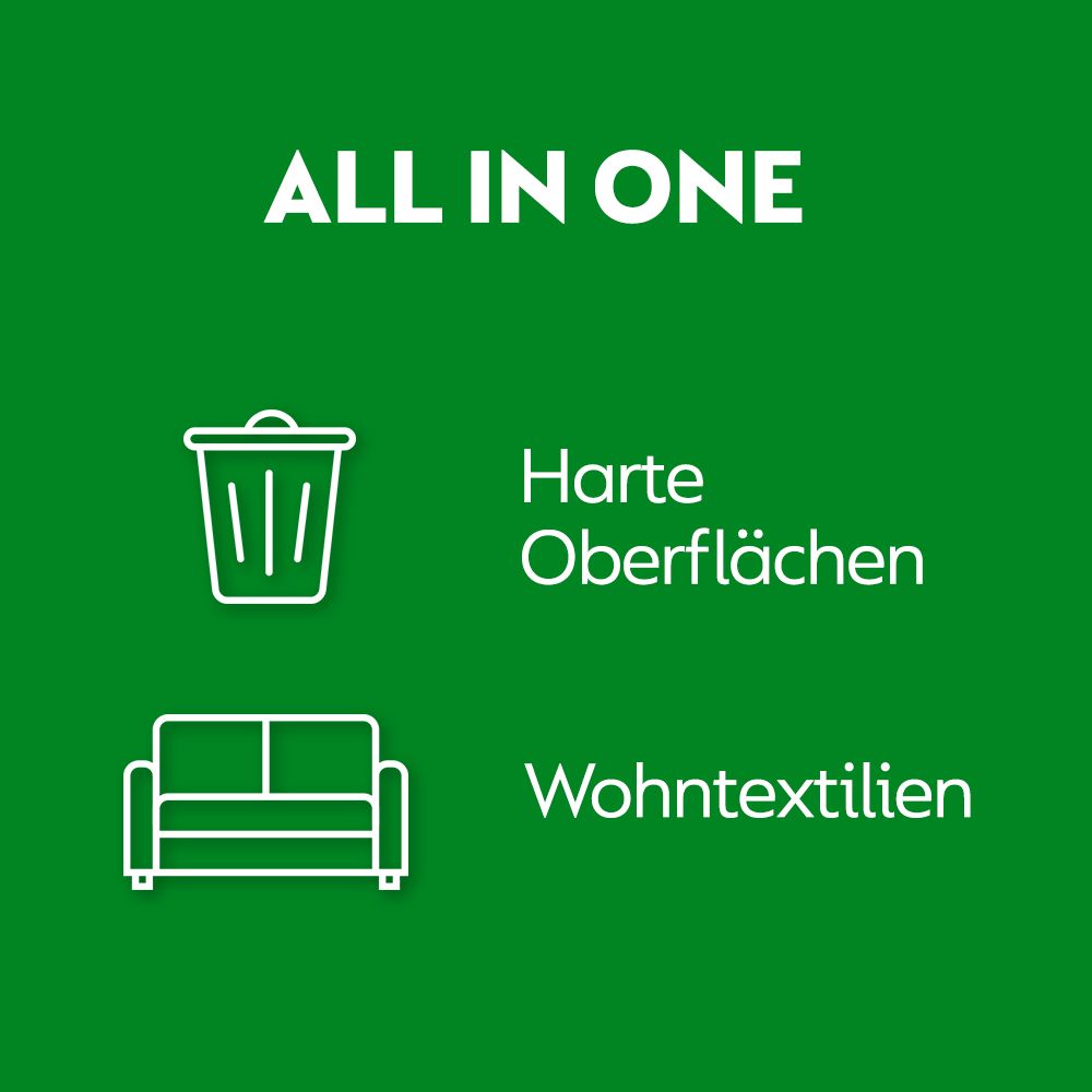 Grafik mit Symbolen für harte Oberflächen und Wohntextilien. Text: ALL IN ONE.