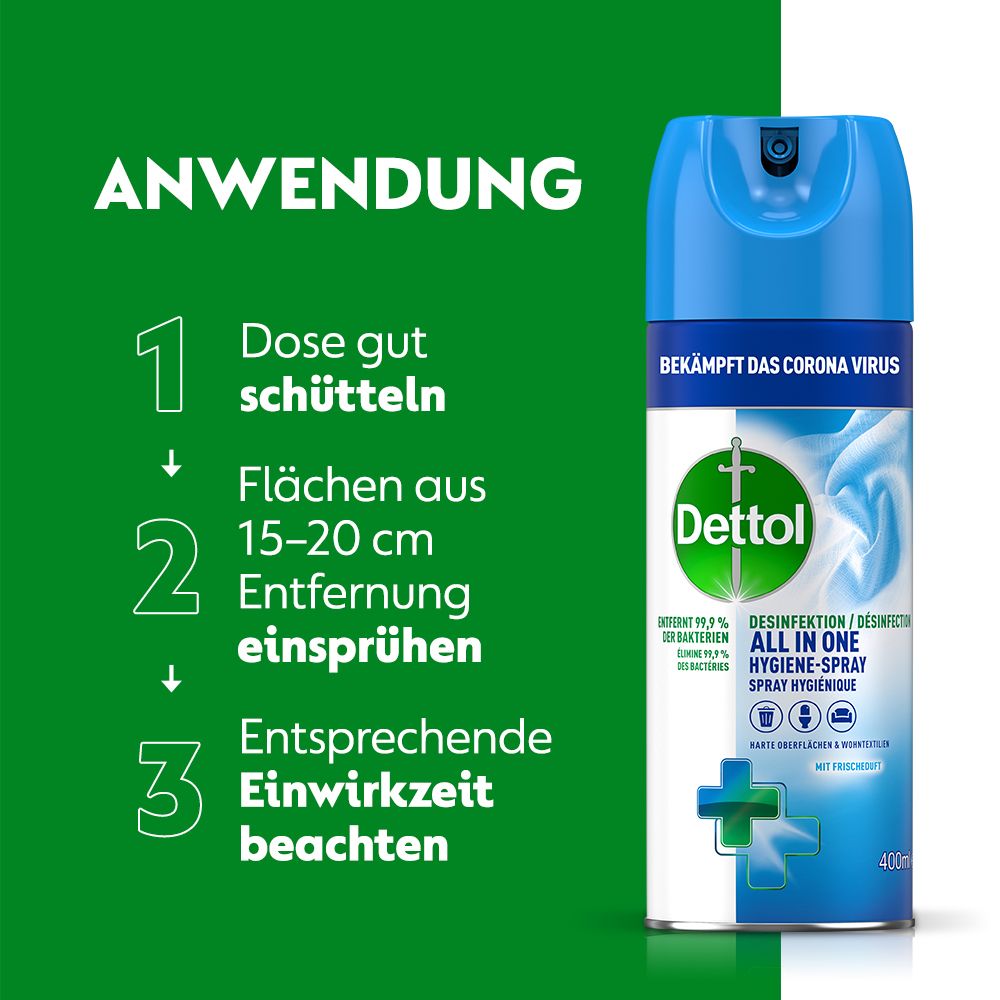 Anwendungsschritte für Dettol Spray: Schütteln, aus 15-20 cm Entfernung einsprühen, Einwirkzeit beachten.