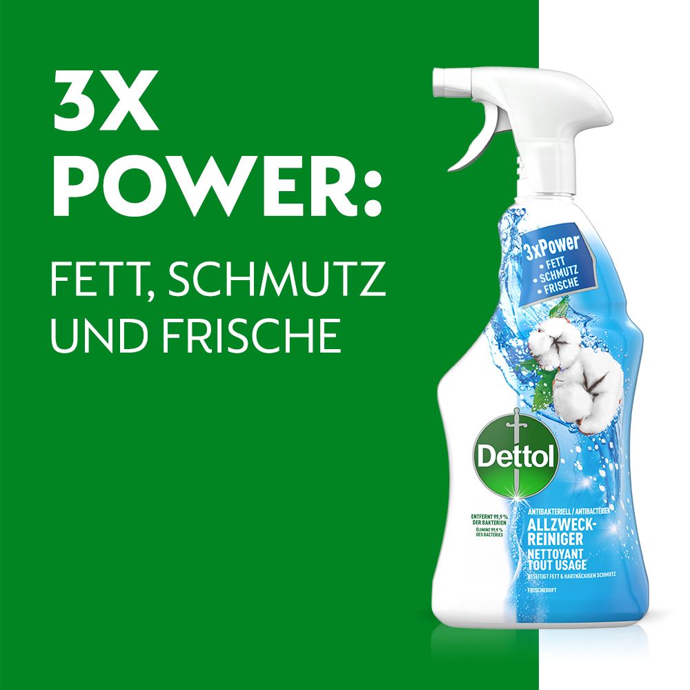 Dettol Allzweck-Reiniger. Grüner Hintergrund mit Text: 3x Power: Fett, Schmutz und Frische.