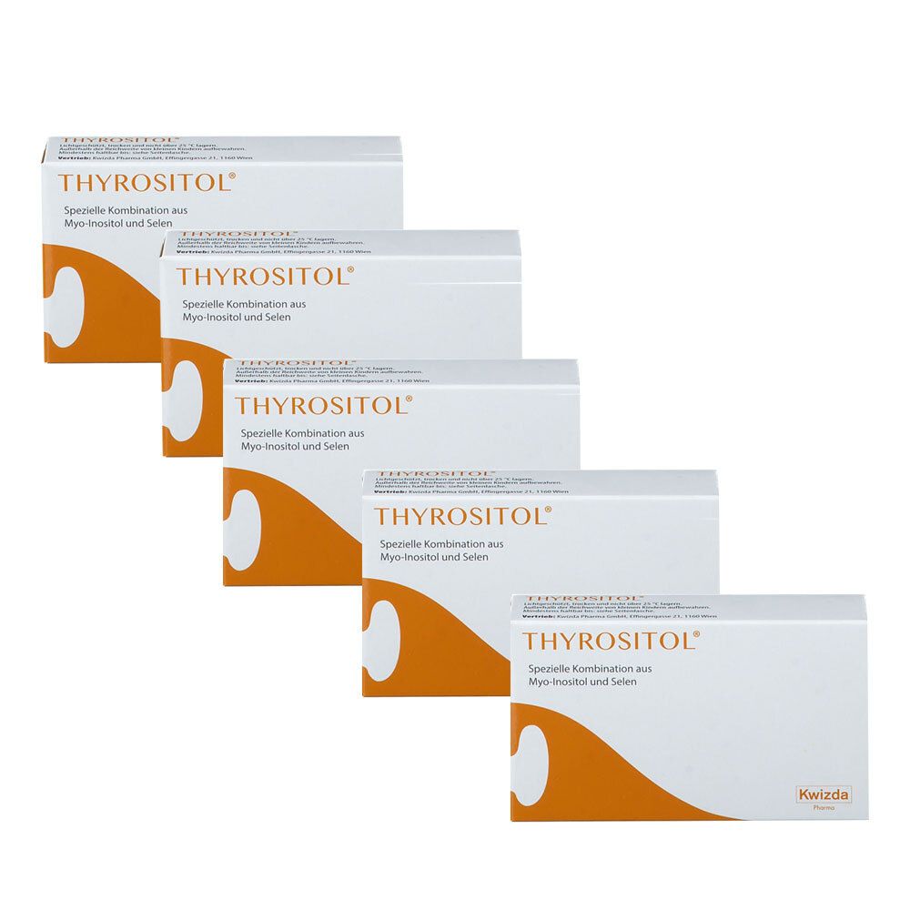 Vier weiße Kartons mit dem Produktnamen THYROSITOL. Orangefarbene Akzente und Text auf den Verpackungen.