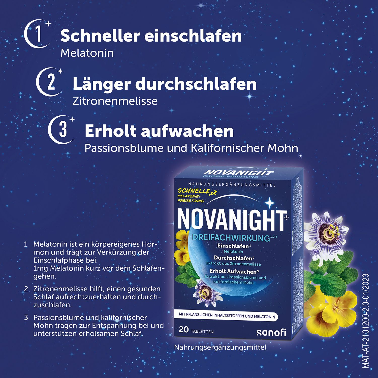Novanight Dreifachwirkung-Schachtel mit Inhaltsstoffen und 20 Tabletten. Text: Schneller einschlafen, länger durchschlafen, erholt aufwachen.