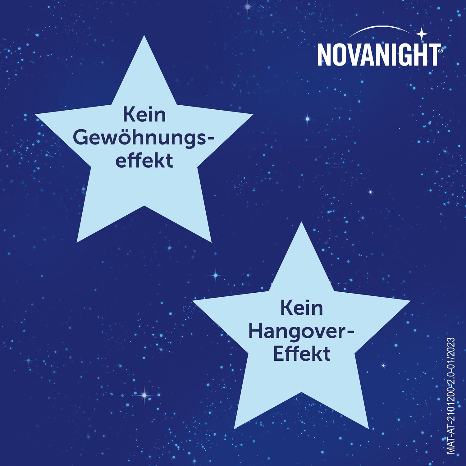 Zwei Sterne mit Text: Kein Gewöhnungseffekt und Kein Hangover-Effekt. Blauer Hintergrund mit Sternen.