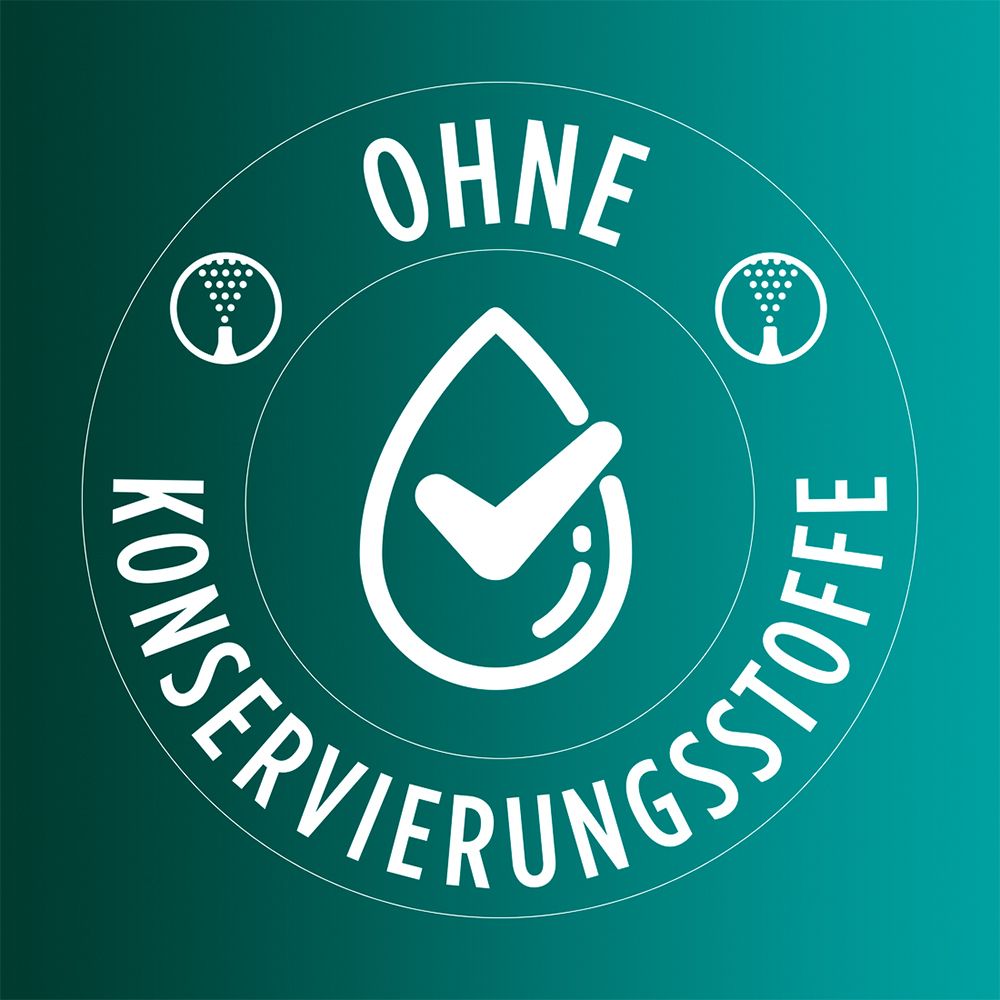 Symbol mit Tropfen und Häkchen. Text: Ohne Konservierungsstoffe.