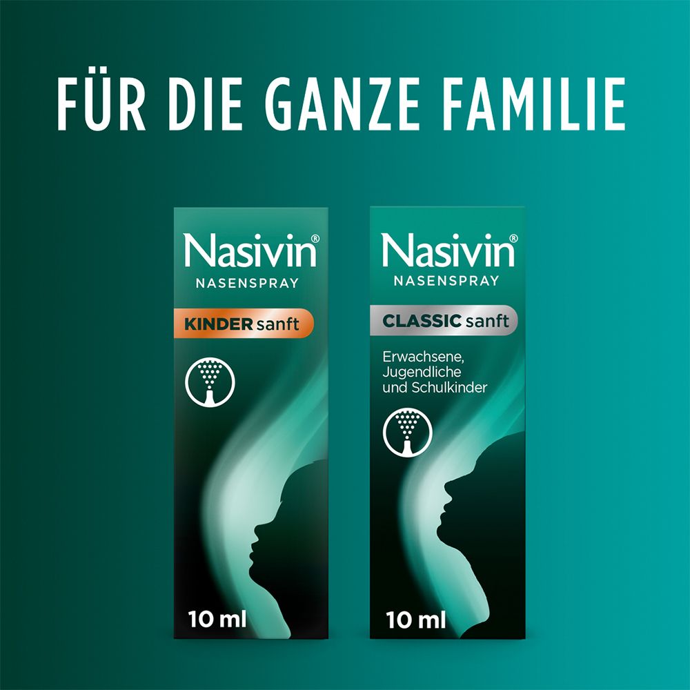 Zwei Nasivin Nasenspray-Packungen. Text: Für die ganze Familie. 10 ml.