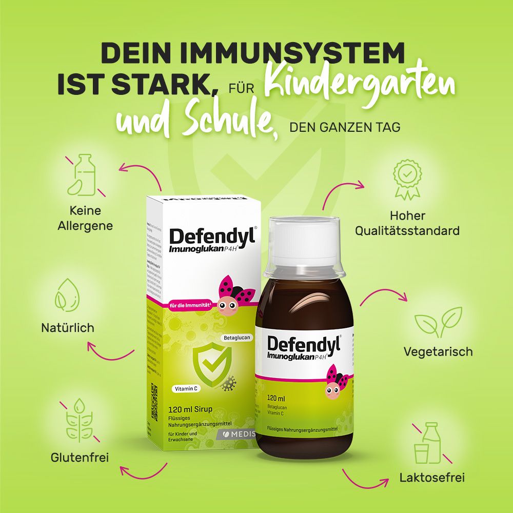 Bouteille et boîte de Defendyl-Imunoglukan P4H® Sirup. Texte : Votre système immunitaire est fort. 120 ml.