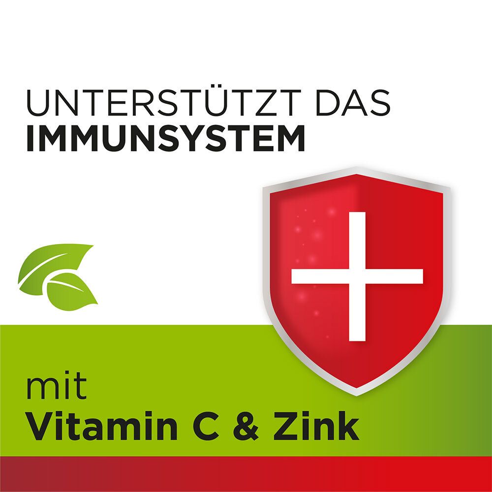 Schild mit weißem Kreuz auf rotem Grund. Text: Unterstützt das Immunsystem. Mit Vitamin C & Zink.