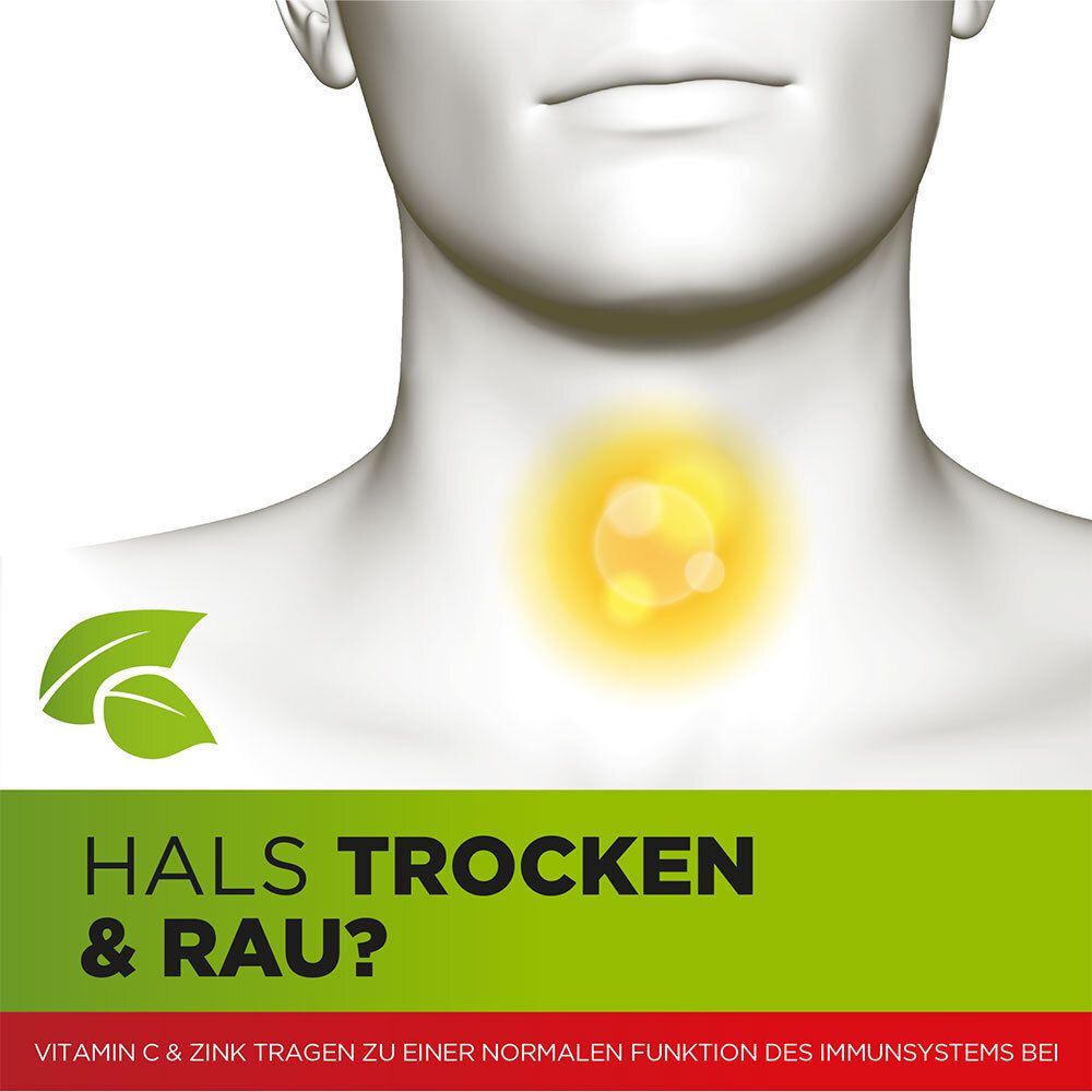 Hals-Illustration mit gelber Hervorhebung. Text: Hals trocken & rau? Vitamin C & Zink tragen zu einer normalen Funktion des Immunsystems bei.