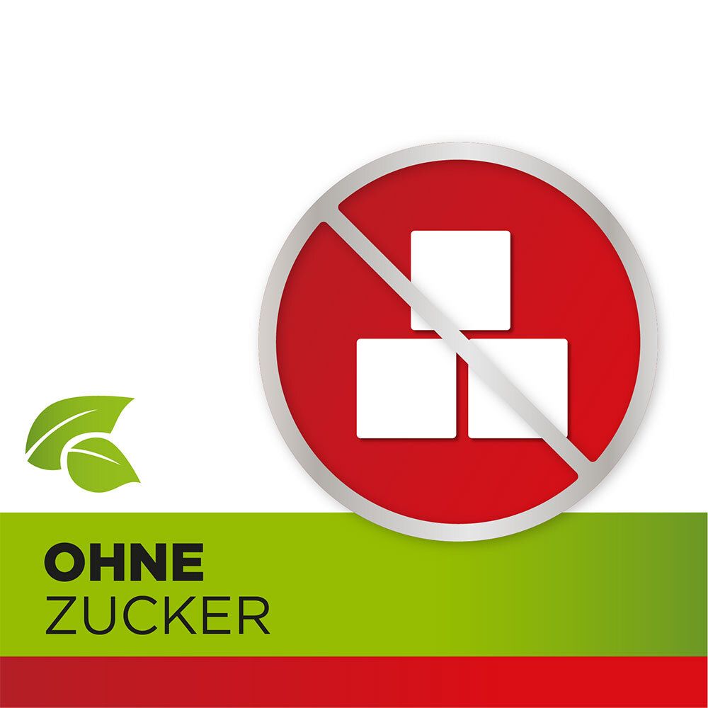 Rotes Symbol mit durchgestrichenen Würfeln. Text: Ohne Zucker.