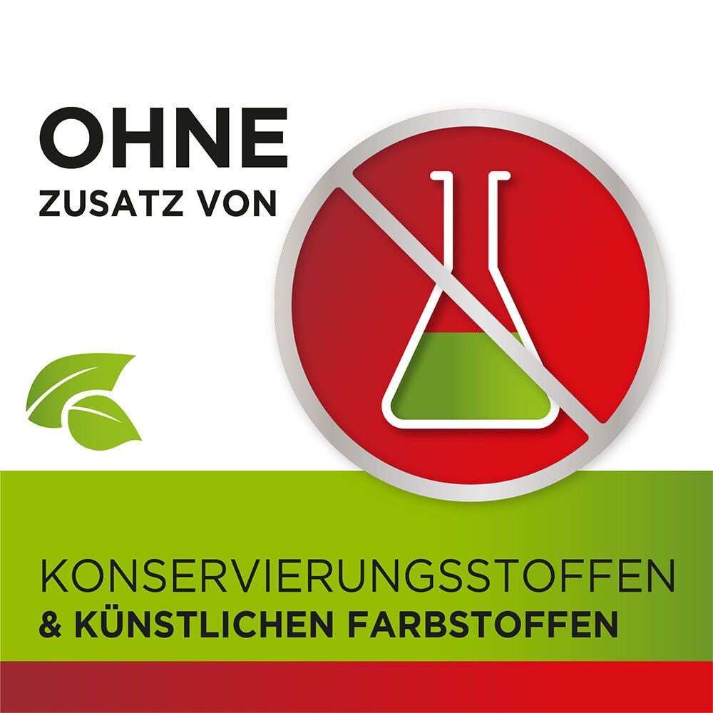 Rotes Symbol mit durchgestrichenem Kolben. Text: Ohne Zusatz von Konservierungsstoffen & künstlichen Farbstoffen.