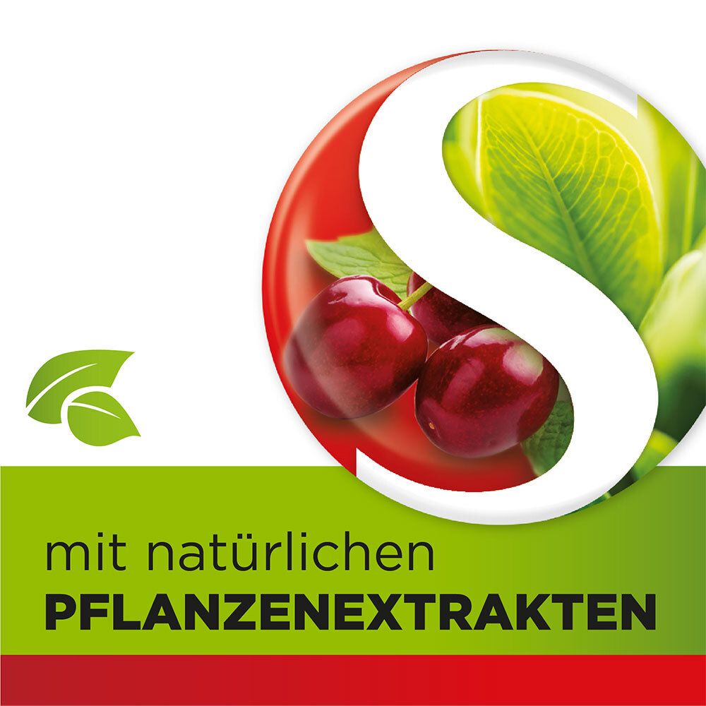 Großes weißes S mit Kirschen und Blättern. Text: Mit natürlichen Pflanzenextrakten.
