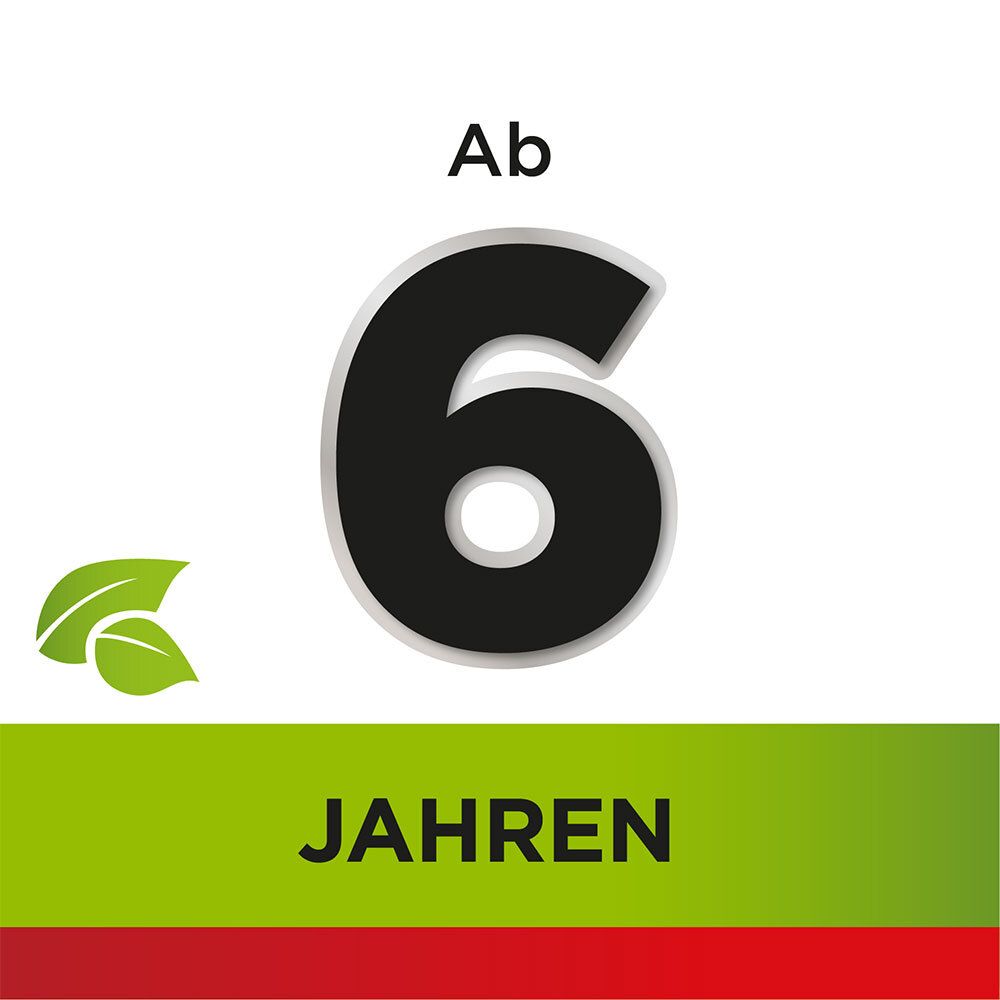 Schwarze Zahl 6 in weißem Kreis. Text: Ab 6 Jahren.