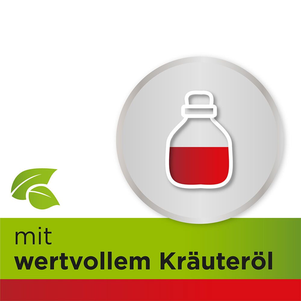 Graues Symbol mit Flasche. Text: Mit wertvollem Kräuteröl.