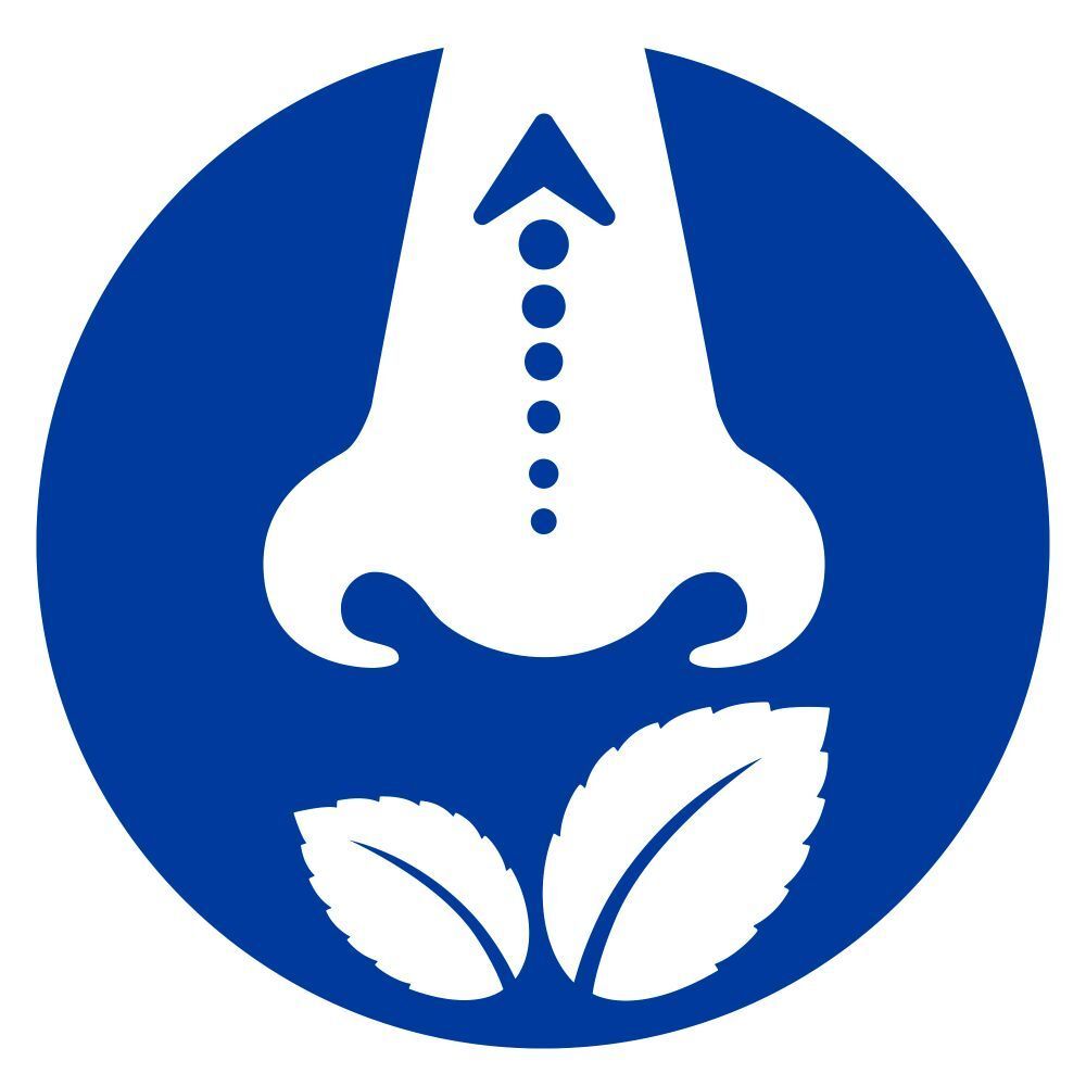 Blaues rundes Symbol mit Nase, Pfeil, und Minzblättern. Symbol für freie Atmung und Menthol-Zusatz.