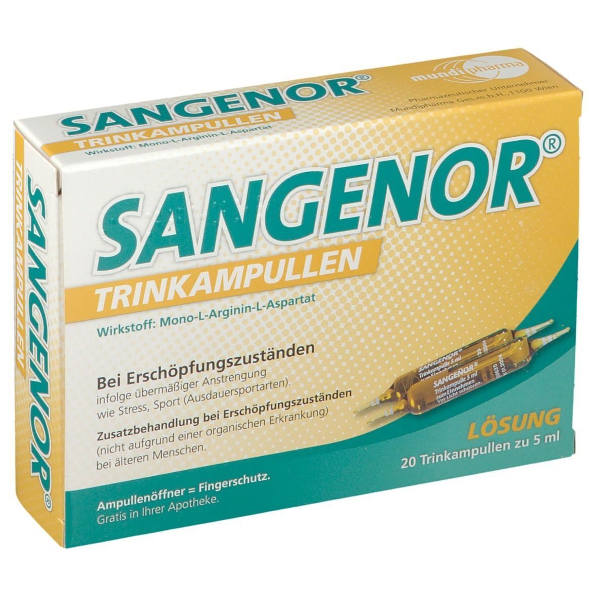 Karton mit SANGENOR Trinkampullen. Aufschrift: Trinkampullen, Wirkstoff Mono-L-Arginin-L-Aspartat. Enthält 20 Ampullen. Lösung.