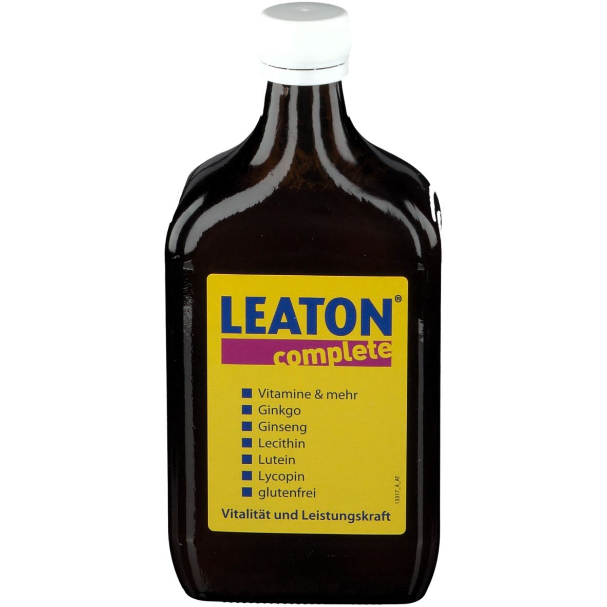 Braune Flasche mit weißem Deckel. Auf gelbem Etikett: LEATON complete, Inhaltsstoffe und Schriftzug: Vitalität und Leistungskraft.