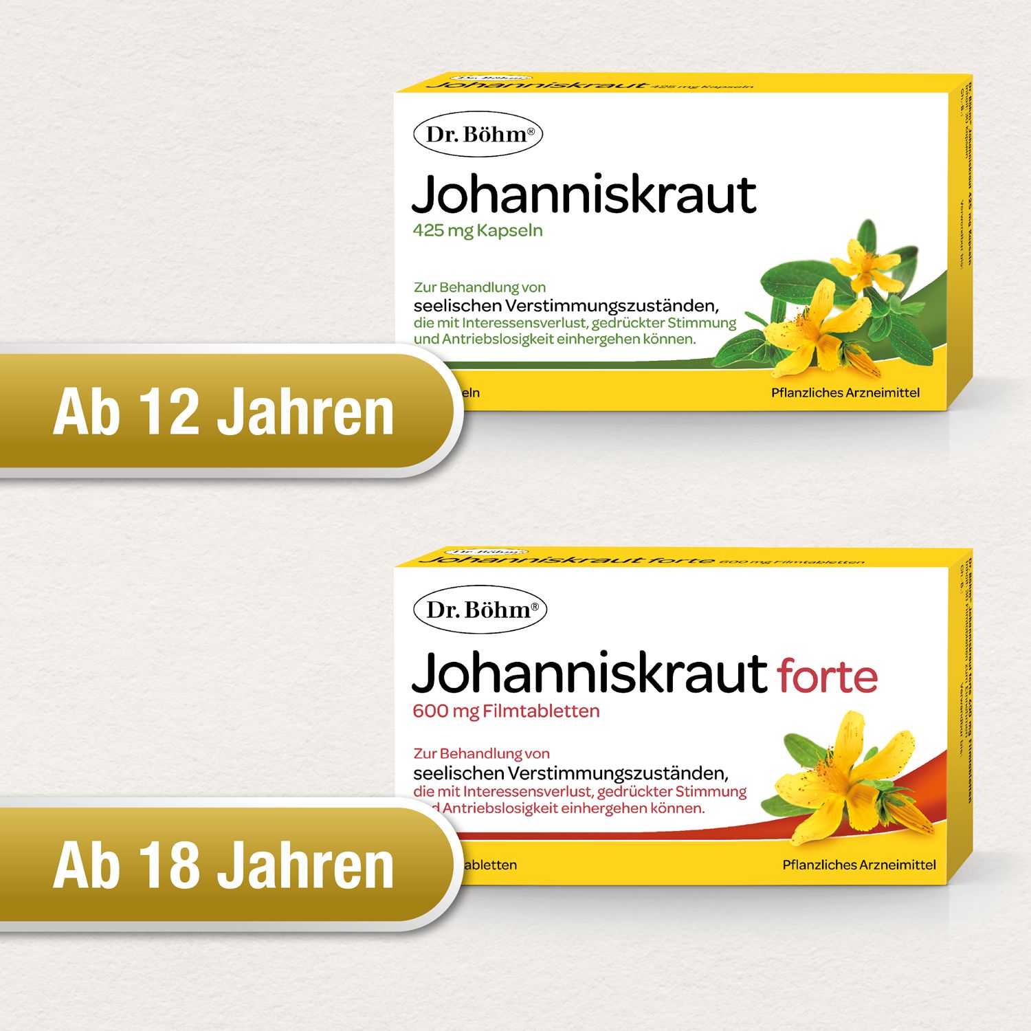 Zwei Schachteln Dr. Böhm® Johanniskraut. Eine mit 425 mg, eine mit 600 mg forte. Altersangaben: Ab 12 Jahren, Ab 18 Jahren.