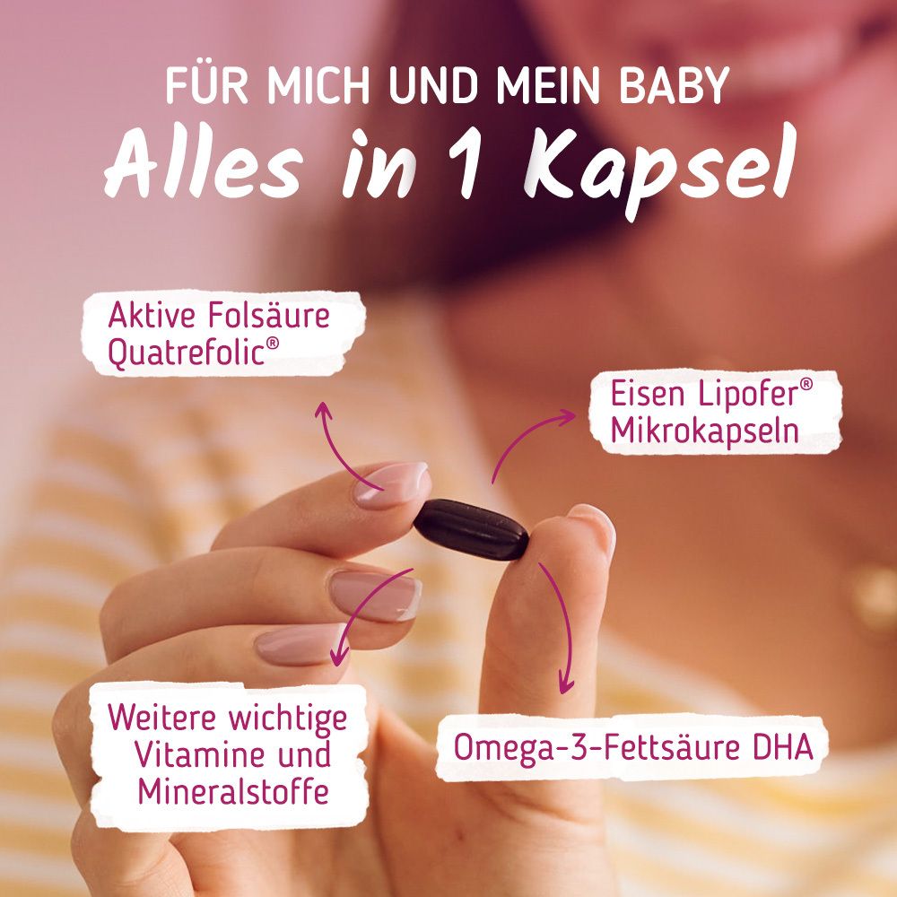 Hand hält eine Kapsel. Pfeile zeigen auf: aktive Folsäure, Eisen, weitere Vitamine, Omega-3-Fettsäure DHA. Text: Alles in 1 Kapsel.