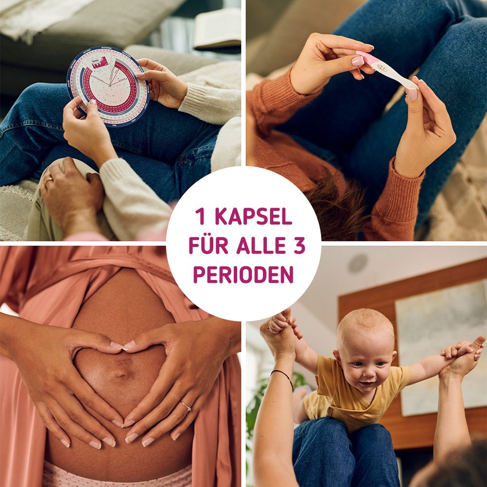 Collage: Frau mit Zyklus-Diagramm, Schwangerschaftstest, Hände formen Herz auf Bauch, Baby wird hochgehalten. Text: 1 Kapsel für alle 3 Perioden.