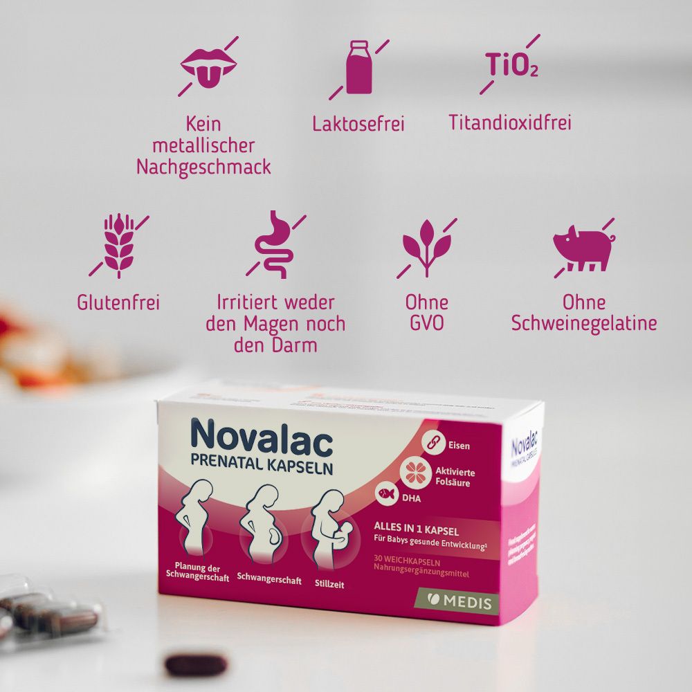 Novalac PRENATAL KAPSELN Packung mit Symbolen: kein metallischer Nachgeschmack, laktosefrei, titandioxidfrei, glutenfrei, etc. Kapseln liegen daneben.