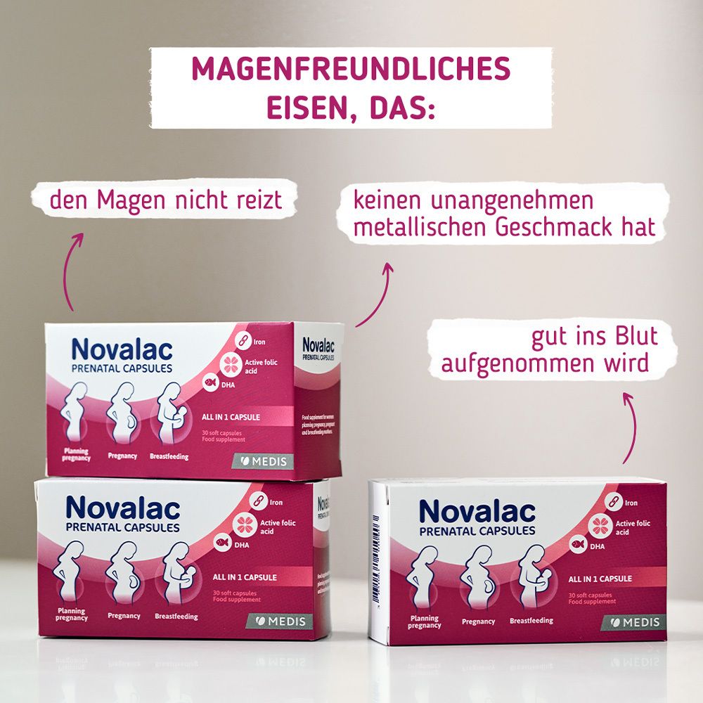 Drei Packungen Novalac PRENATAL KAPSELN. Text: magenfreundliches Eisen, das den Magen nicht reizt, keinen metallischen Geschmack hat, gut ins Blut aufgenommen wird.