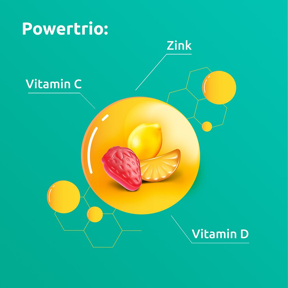 Grafische Darstellung von Vitamin C, Vitamin D und Zink. Erdbeere, Zitrone und Orangenscheibe.