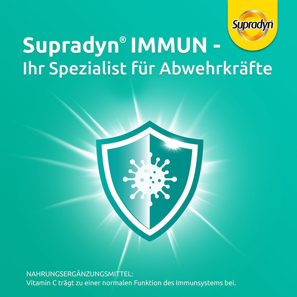 Schild mit Virus und Strahlen. Text: Supradyn IMMUN - Ihr Spezialist für Abwehrkräfte.