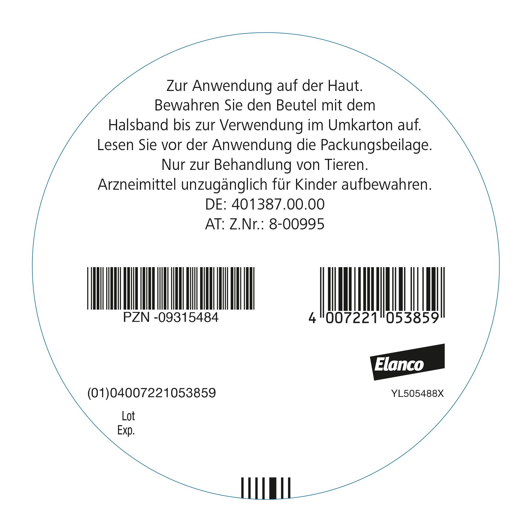 Runde Verpackung mit Texten: Anwendungshinweise, Barcodes, Herstellerlogo Elanco.