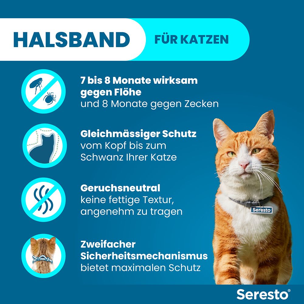 Katze mit Halsband. Text: 7-8 Monate gegen Flöhe und Zecken. Gleichmäßiger Schutz. Geruchsneutral. Sicherheitsmechanismus.