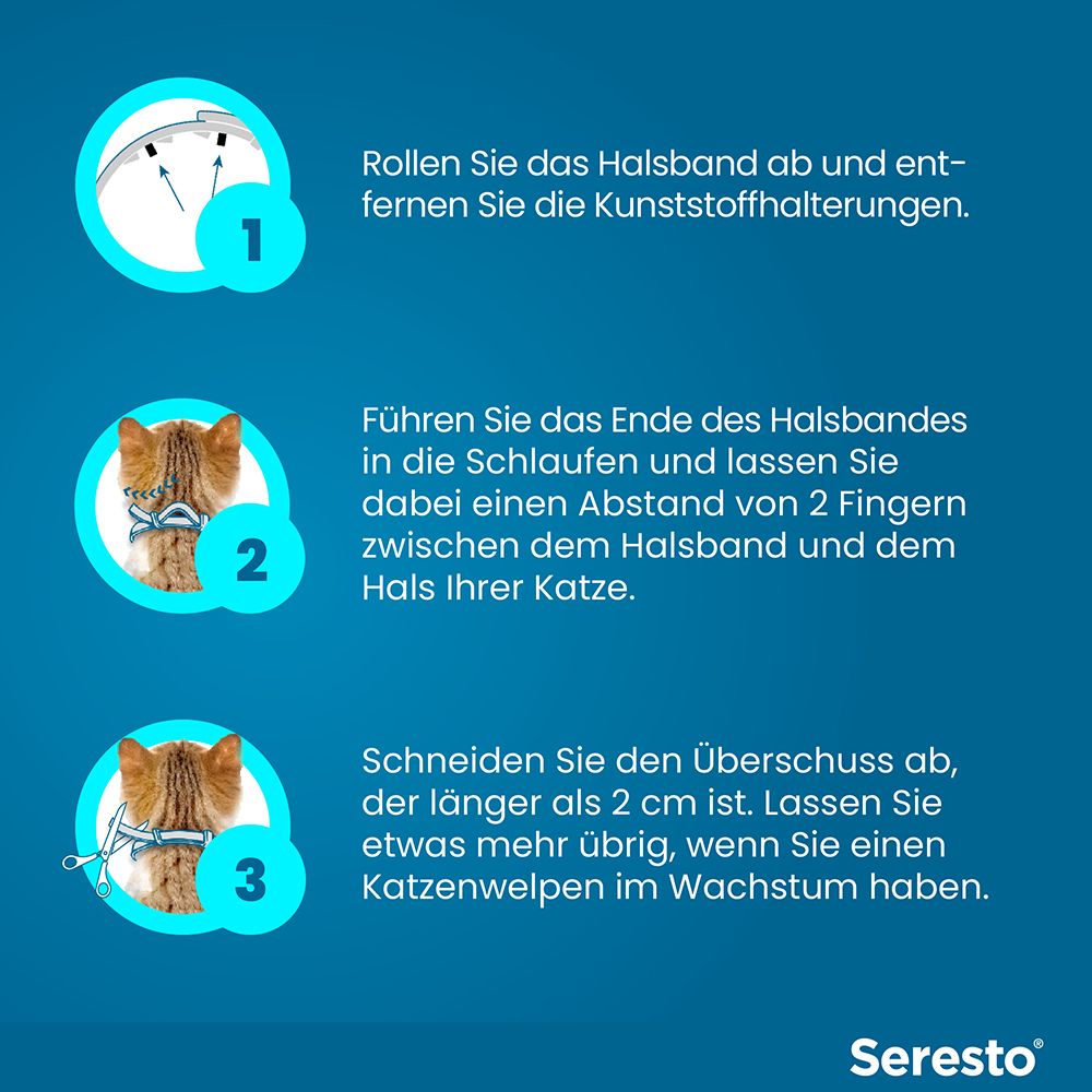 Anleitung: Halsband abrollen, Halterungen entfernen, Ende durch Schlaufen führen, Überschuss abschneiden.