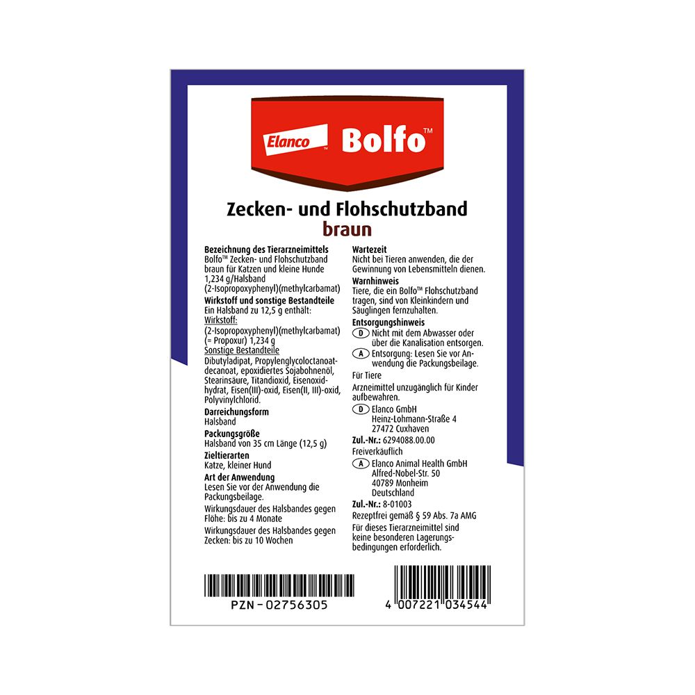 Rückseite der Bolfo® Zecken- und Flohschutzband braun Verpackung. Produktinformationen, Inhaltsstoffe, Herstelleradresse.