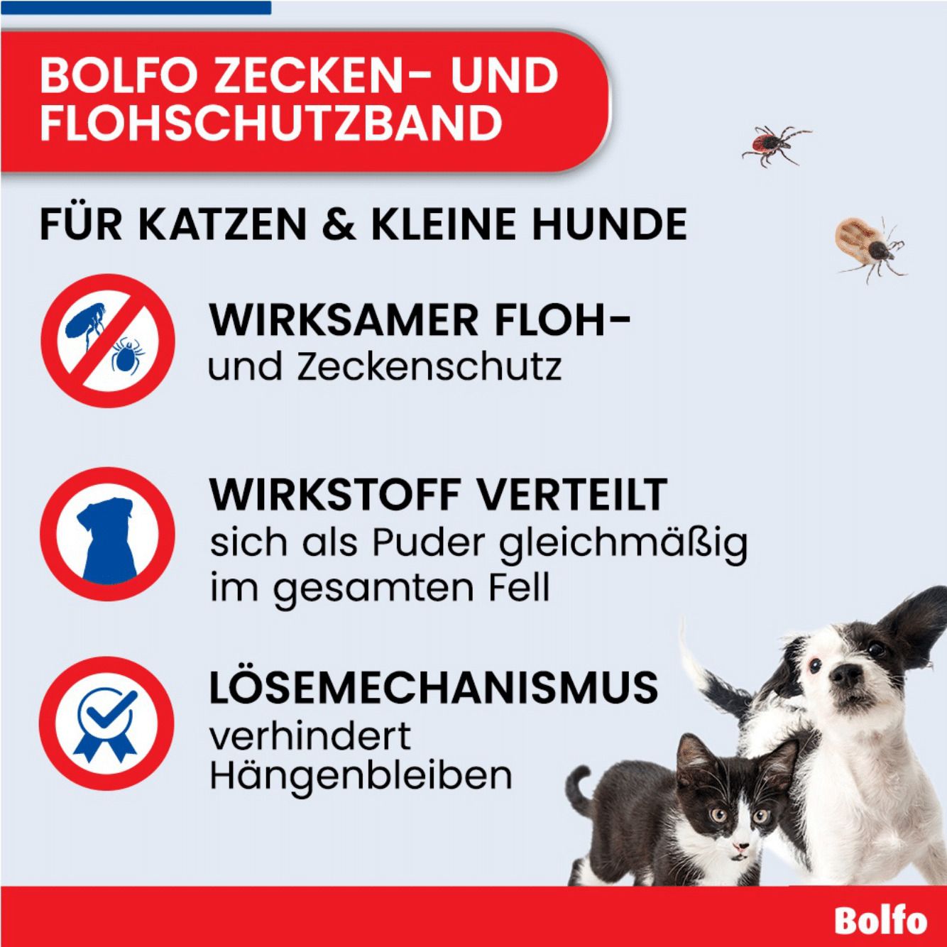 Infografik: Bolfo® Zecken- und Flohschutzband. Wirksamer Floh- und Zeckenschutz. Wirkstoff verteilt sich als Puder. Lösemechanismus.