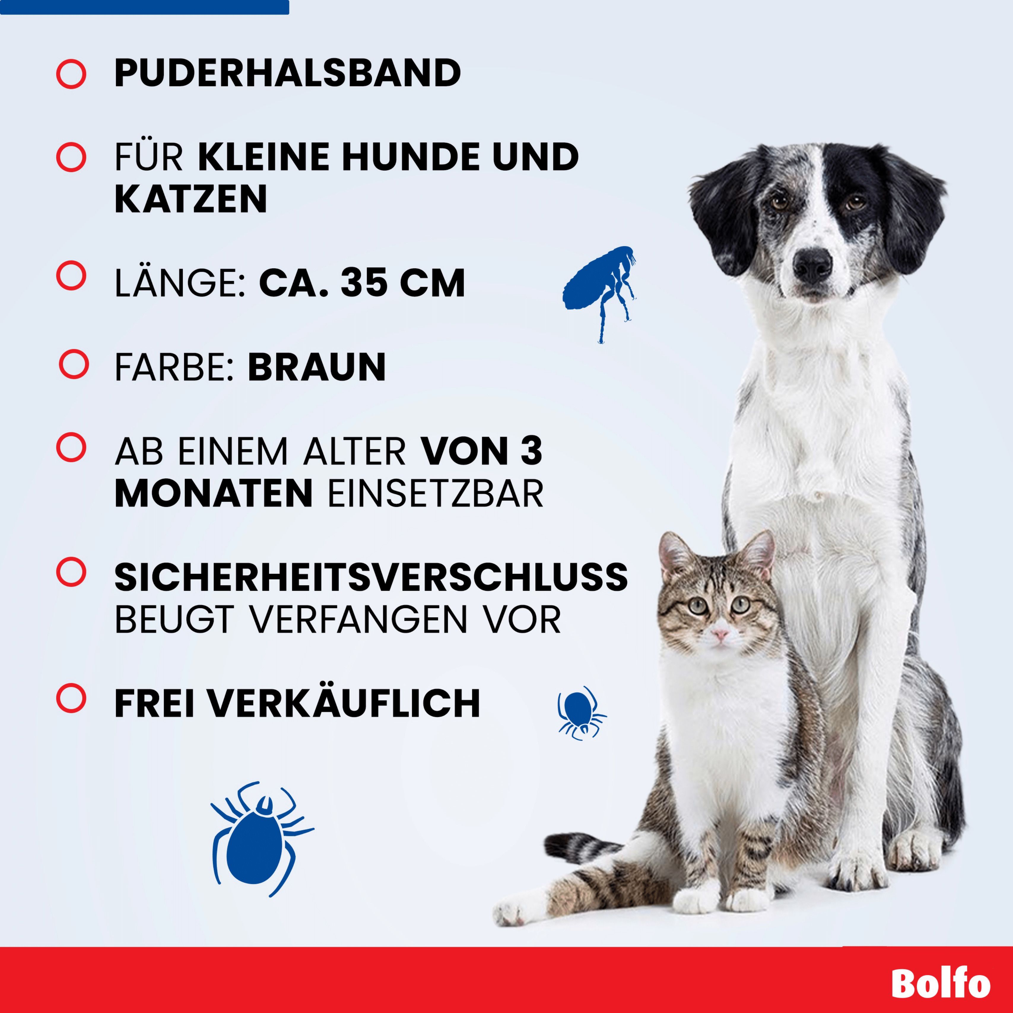 Infografik: Bolfo® Zecken- und Flohschutzband. Puderhalsband für kleine Hunde und Katzen. Länge ca. 35 cm. Farbe: braun. Ab 3 Monaten.