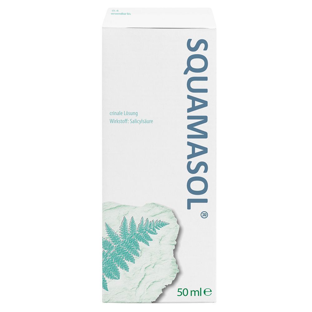 Weiße Faltschachtel mit blauem Schriftzug SQUAMASOL. Aufdrucke: crinale Lösung, Wirkstoff: Salicylsäure, 50 ml.