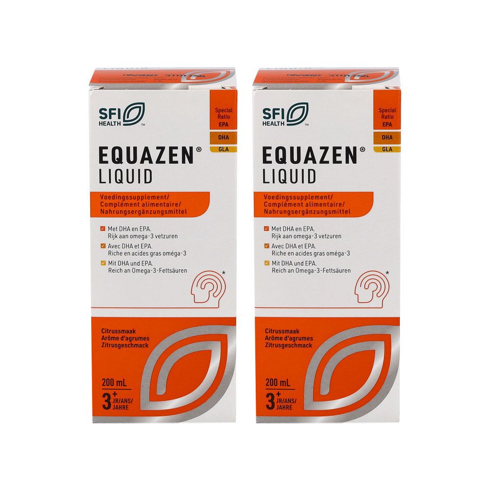 Zwei EQUAZEN® LIQUID-Verpackungen. Weiße Kartons mit orangefarbenen Akzenten. Text in mehreren Sprachen. 200 ml, 3+ Jahre.
