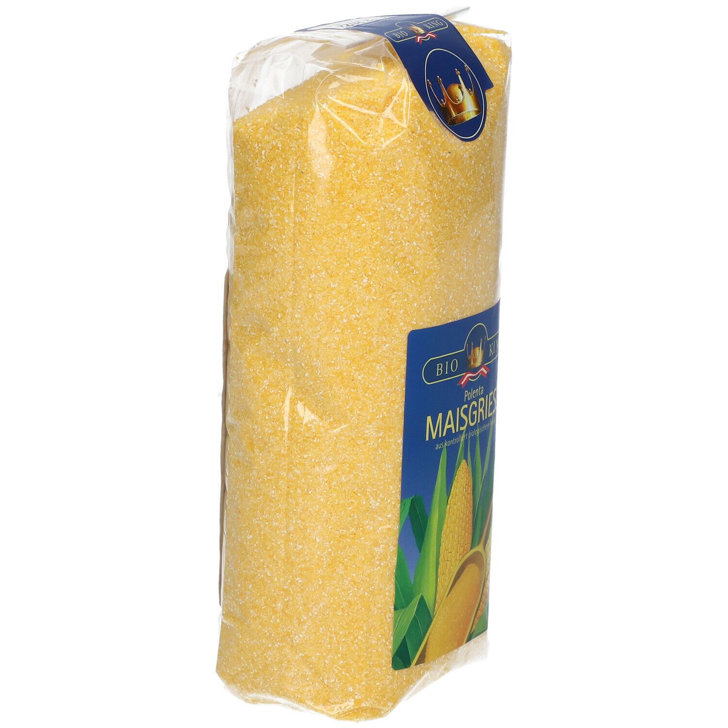 BIO KING® Polenta MAISGRIESS in transparenter Verpackung. Seitenansicht, Produktbezeichnung sichtbar.