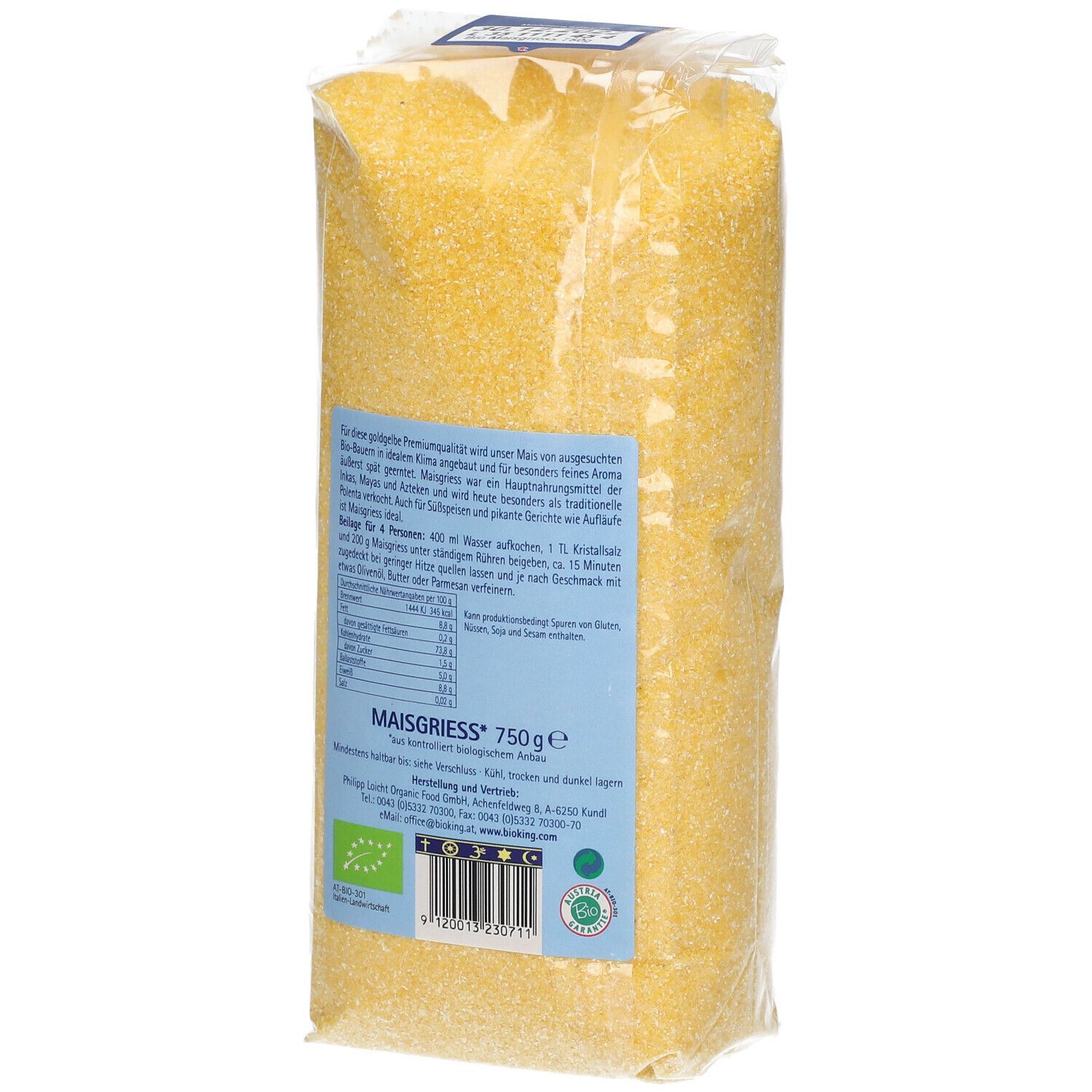 Rückseite der transparenten Verpackung von BIO KING® Polenta MAISGRIESS. Text und Nährwertangaben.